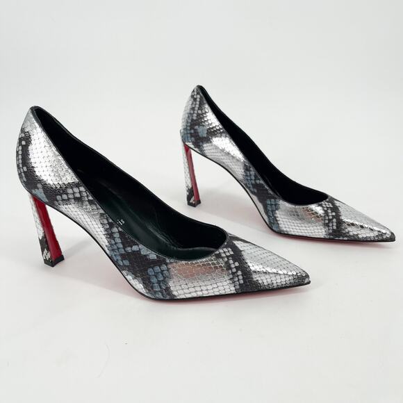 Christian Louboutin Condora 85 Silver Snake Embossed Pointed Toe Pumps 40 - Picture 1 of 11